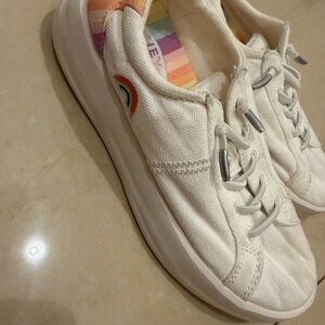 Hey Dude Kids White Canvas Sneakers with Rainbow Accent